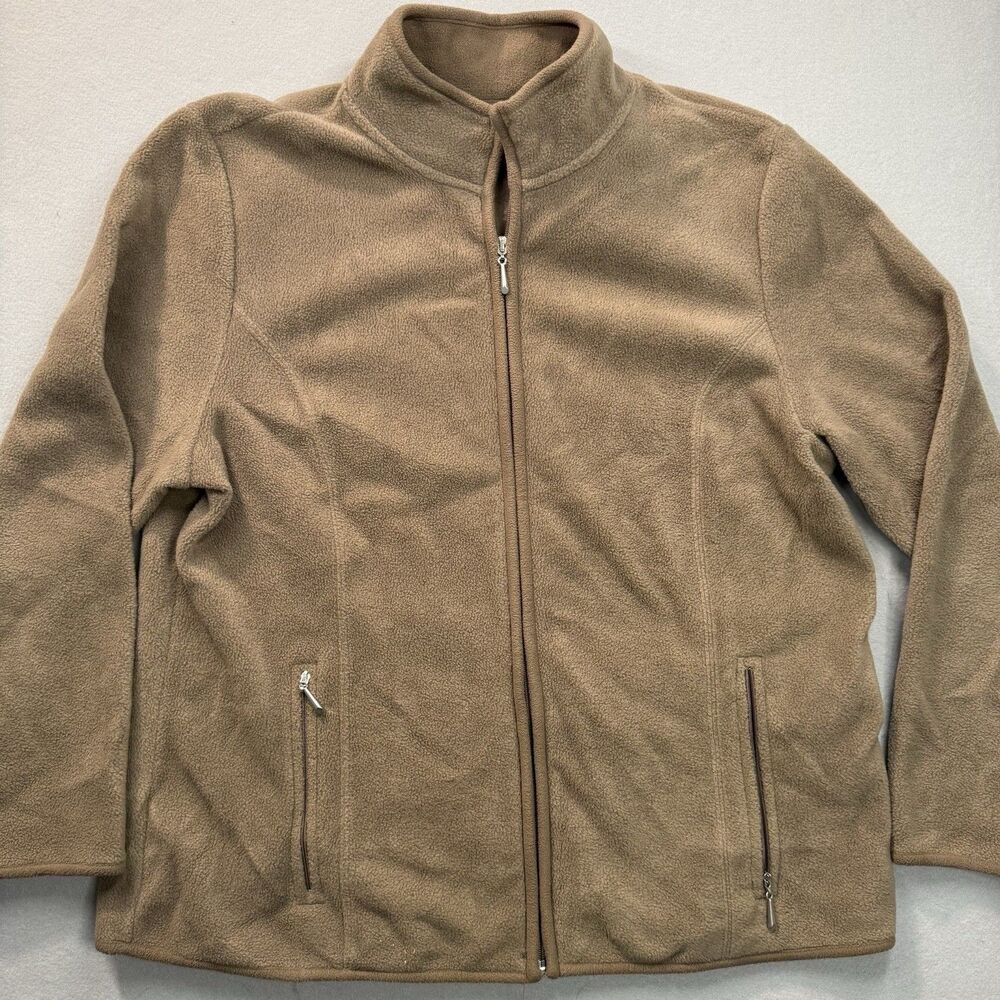 Karen Scott Womens XL Fleece Jacket Tan Camel Brown Full Zip Pockets Mock Neck